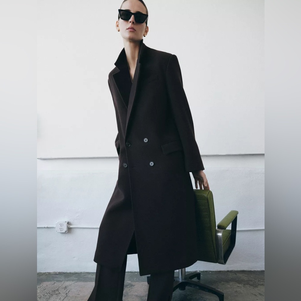 NWT Zara Wool Oversized Dark Brown Double-Breasted Trench Coat Size Large